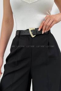 Lamelif Çift Pileli Kemerli Pantolon Siyah
