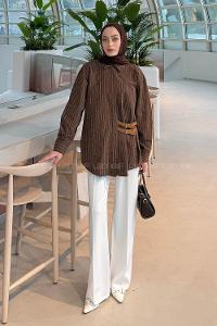 Lamelif Çizgili Kemer Detaylı Gömlek Acı Kahve