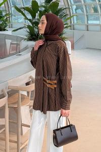 Lamelif Çizgili Kemer Detaylı Gömlek Acı Kahve
