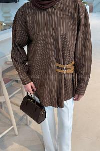 Lamelif Çizgili Kemer Detaylı Gömlek Acı Kahve