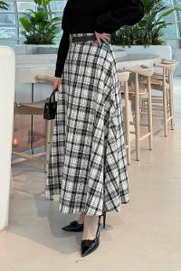 Lamelif Ekose Tesettür Etek Beyaz-Siyah