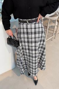 Lamelif Ekose Tesettür Etek Beyaz-Siyah