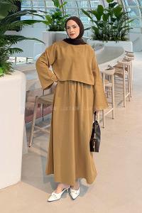 Lamelif Etekli Tesettür Takım Camel