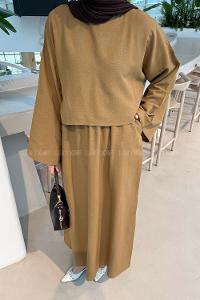 Lamelif Etekli Tesettür Takım Camel