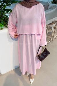 Lamelif Etekli Tesettür Takım Pembe