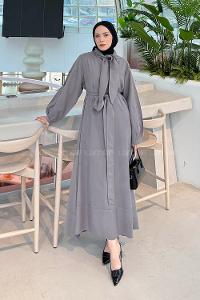 Lamelif Fularlı Bağlama Detaylı Elbise Gri