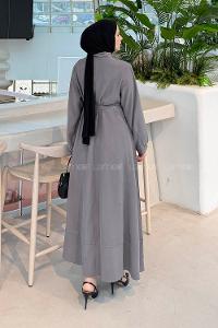 Lamelif Fularlı Bağlama Detaylı Elbise Gri