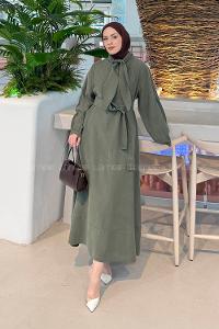 Lamelif Fularlı Bağlama Detaylı Elbise Haki