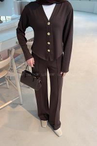 Lamelif Gold Düğme Detaylı İkili Takım Acı Kahve