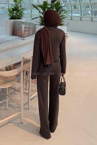 Lamelif Gold Düğme Detaylı İkili Takım Acı Kahve
