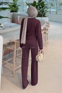 Lamelif Gold Düğme Detaylı İkili Takım Mürdüm