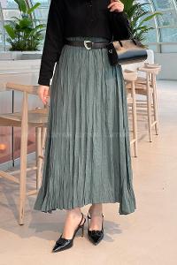 Lamelif Kraşlı Tesettür Etek Koyu Yeşil