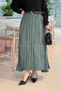 Lamelif Kraşlı Tesettür Etek Koyu Yeşil