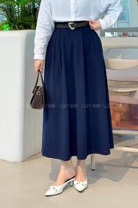 Lamelif Önü Pileli Scuba Kumaş Etek Lacivert