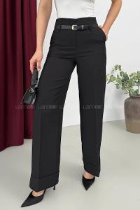 Lamelif Paçası Katlı Yüksek Bel Pantolon Siyah