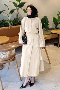 Lamelif Gömlek-Etek Tesettür Takım Bej