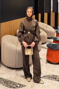 Lamelif Bağlama Detaylı Gold Düğmeli Takım Acı Kahve