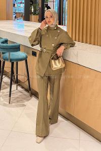 Lamelif Bağlama Detaylı Gold Düğmeli Takım Yağ Yeşili