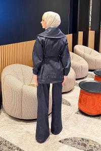 Lamelif Belden Oturtmalı Kemerli Takım Koyu Mavi