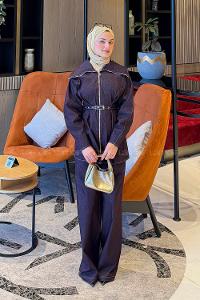 Lamelif Belden Oturtmalı Kemerli Takım Mor