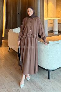 Lamelif Büzgü Detaylı Etekli Takım Kahverengi