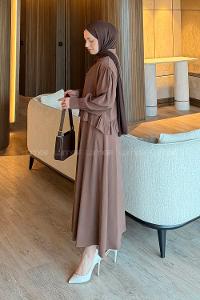 Lamelif Büzgü Detaylı Etekli Takım Kahverengi