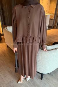 Lamelif Büzgü Detaylı Etekli Takım Kahverengi