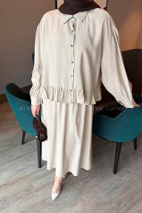 Lamelif Büzgü Detaylı Etekli Takım Taş Rengi