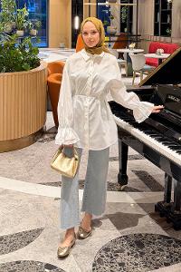 Lamelif Fırfırlı Bağlama Detaylı Gömlek Beyaz