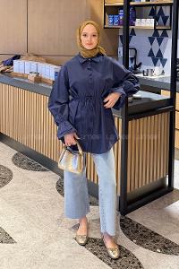 Lamelif Fırfırlı Bağlama Detaylı Gömlek Lacivert