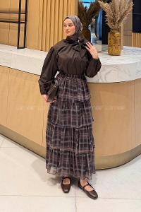 Lamelif Fular Detaylı Şifon Etekli Takım Acı Kahve