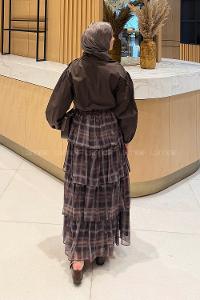 Lamelif Fular Detaylı Şifon Etekli Takım Acı Kahve