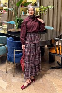 Lamelif Fular Detaylı Şifon Etekli Takım Mürdüm