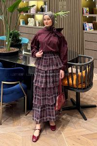 Lamelif Fular Detaylı Şifon Etekli Takım Mürdüm