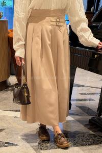 Lamelif Kemer Detaylı Yırtmaçlı Etek Bej