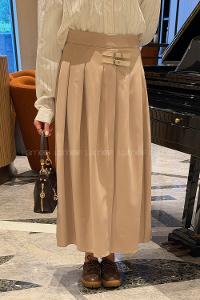 Lamelif Kemer Detaylı Yırtmaçlı Etek Bej