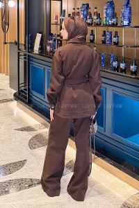 Lamelif Kemerli Denim Takım Kahverengi