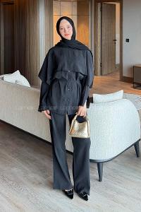 Lamelif Modal Pelerinli Takım Siyah