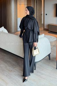 Lamelif Modal Pelerinli Takım Siyah