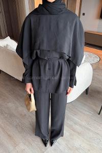 Lamelif Modal Pelerinli Takım Siyah