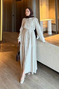 Lamelif Pile Detaylı Elbise Taş Rengi