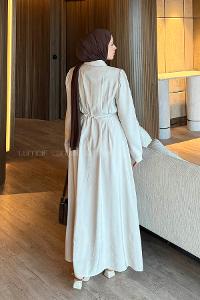 Lamelif Pile Detaylı Elbise Taş Rengi