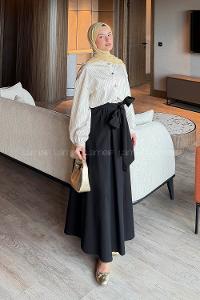 Black Crew Neck Long Arm Poplin Fabric Flared Skirt Suit