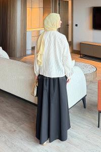 Black Crew Neck Long Arm Poplin Fabric Flared Skirt Suit