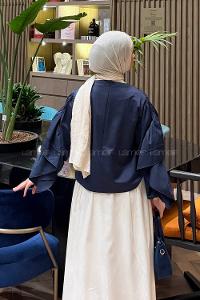 Navy Blue Crew Neck Long Arm Cotton Fabric Blouse