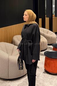 Black Shirt Collar Cotton Tunic