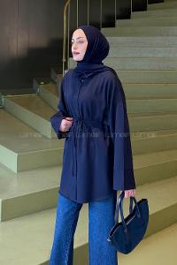 Navy Blue Shirt Collar Cotton Tunic