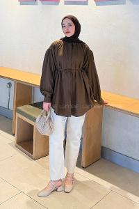 Lamelif Bağlama Detaylı Tesettür Gömlek Acı Kahve