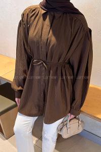 Lamelif Bağlama Detaylı Tesettür Gömlek Acı Kahve