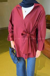 Lamelif Bağlama Detaylı Tesettür Gömlek Bordo